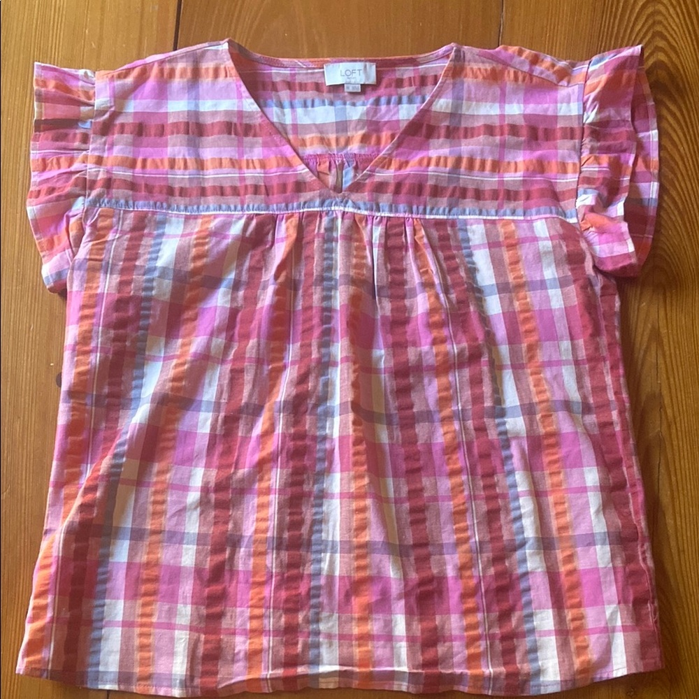Loft  Pink Plaid seersucker Top